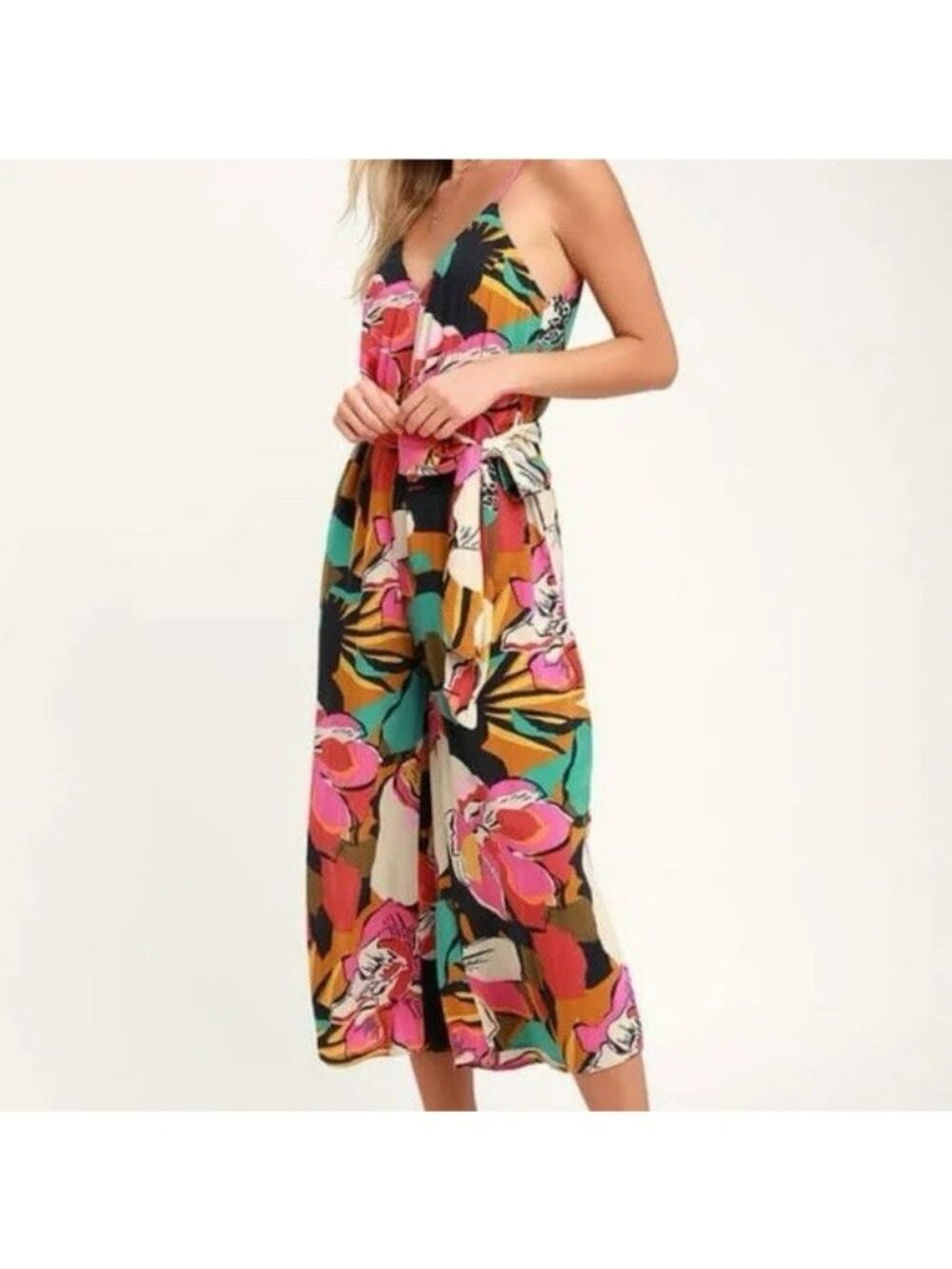 Billabong Shake It Again Pink Multi Print Wide-Leg Jumpsuit Boho Floral Medium